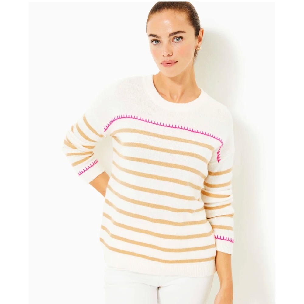 Lilly Pulitzer Kyren Sweater Large White Tan Stripe Cotton Blend Preppy Sweater